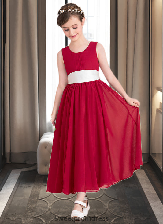 Ruby Empire A-Line Scoop Neck Ankle-Length Chiffon Junior Bridesmaid Dress With Sash Bow(s) DHP0013542