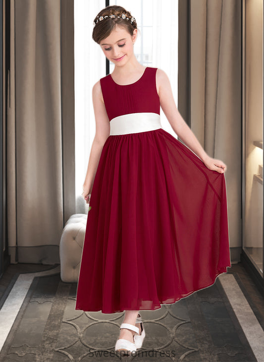 Ruby Empire A-Line Scoop Neck Ankle-Length Chiffon Junior Bridesmaid Dress With Sash Bow(s) DHP0013542