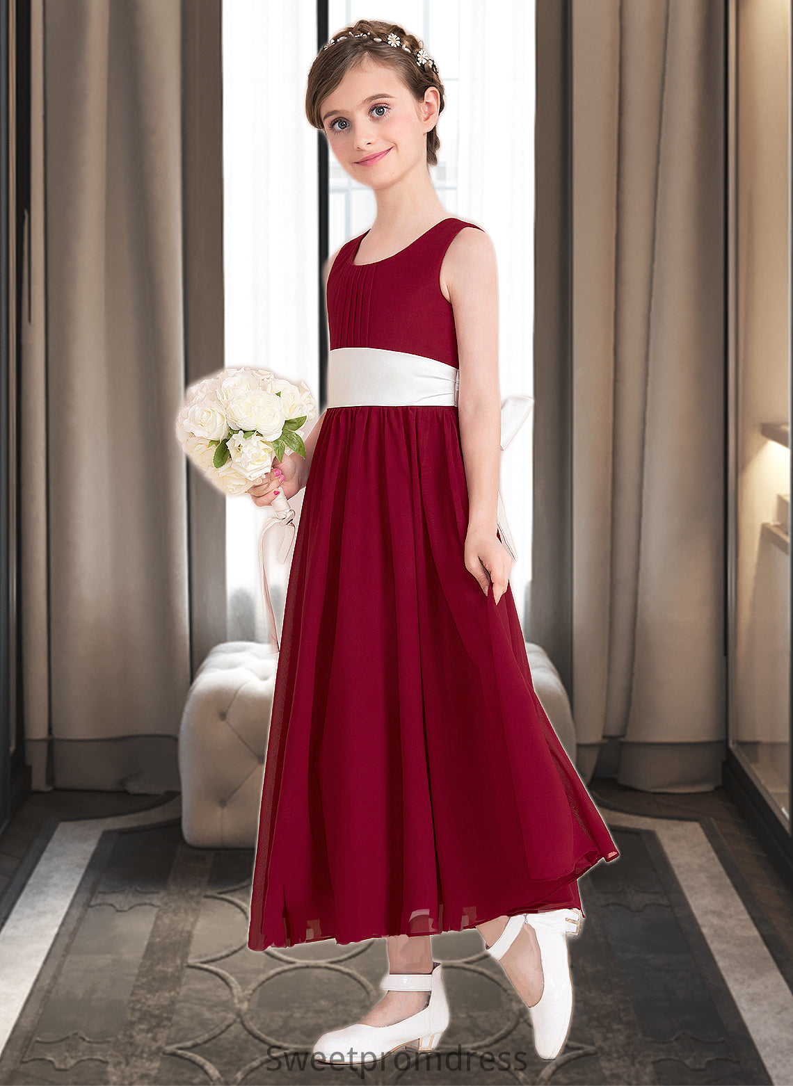 Ruby Empire A-Line Scoop Neck Ankle-Length Chiffon Junior Bridesmaid Dress With Sash Bow(s) DHP0013542