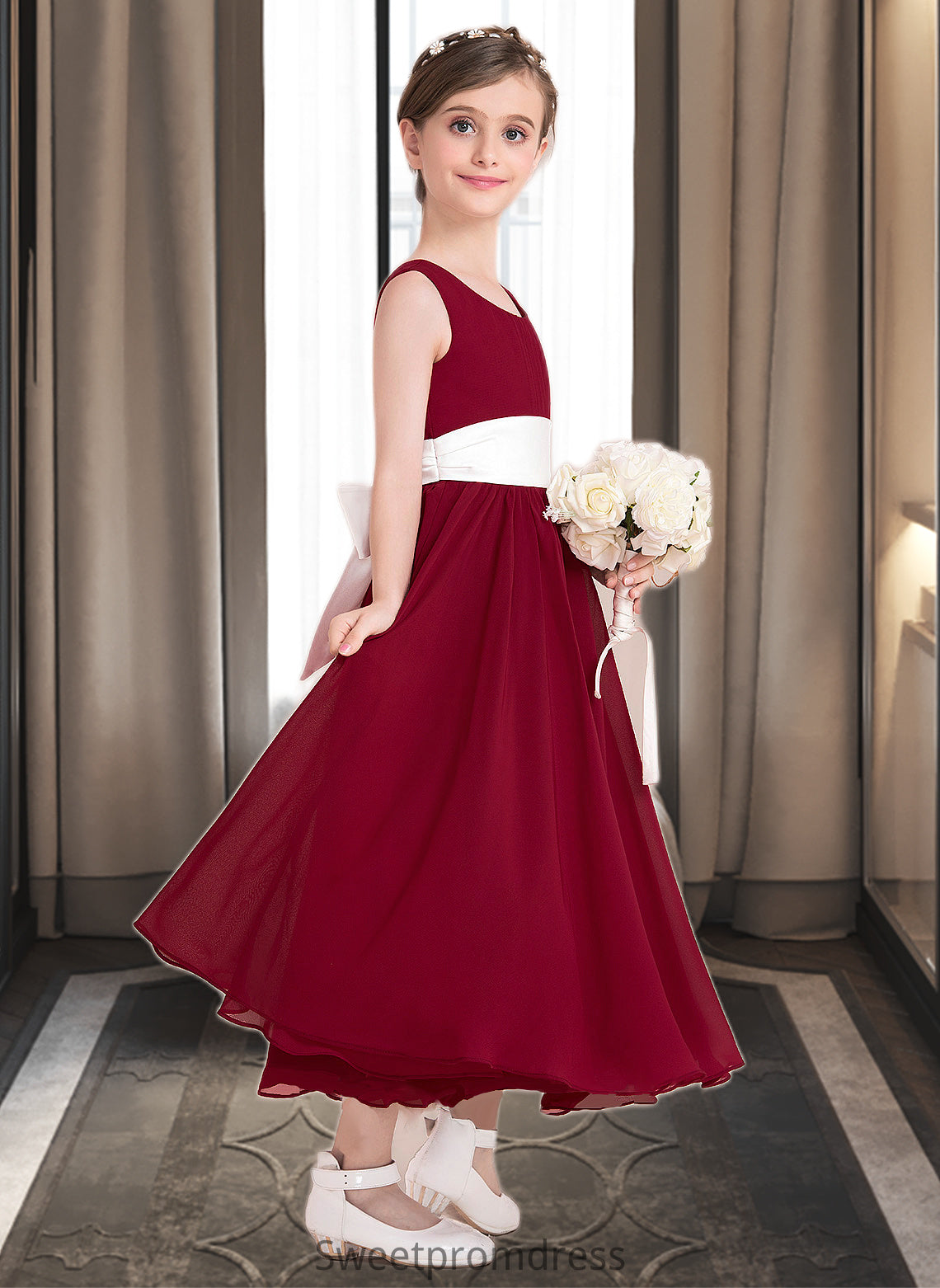 Ruby Empire A-Line Scoop Neck Ankle-Length Chiffon Junior Bridesmaid Dress With Sash Bow(s) DHP0013542