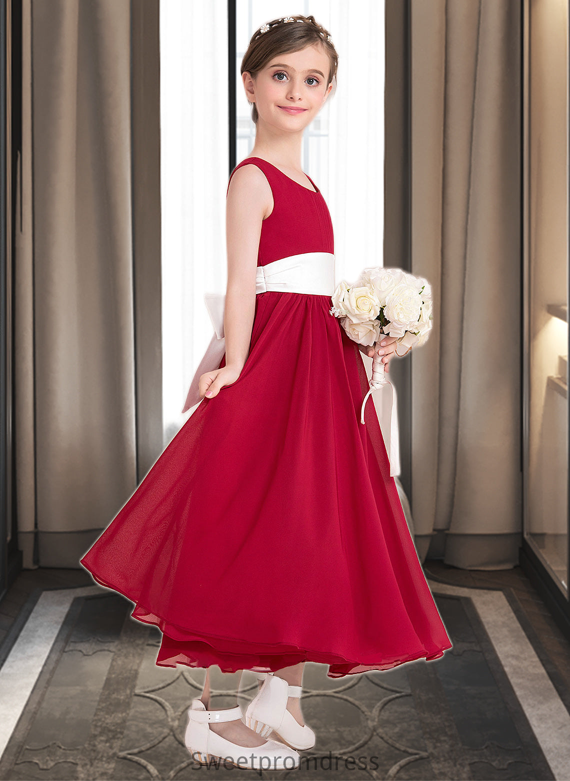 Ruby Empire A-Line Scoop Neck Ankle-Length Chiffon Junior Bridesmaid Dress With Sash Bow(s) DHP0013542