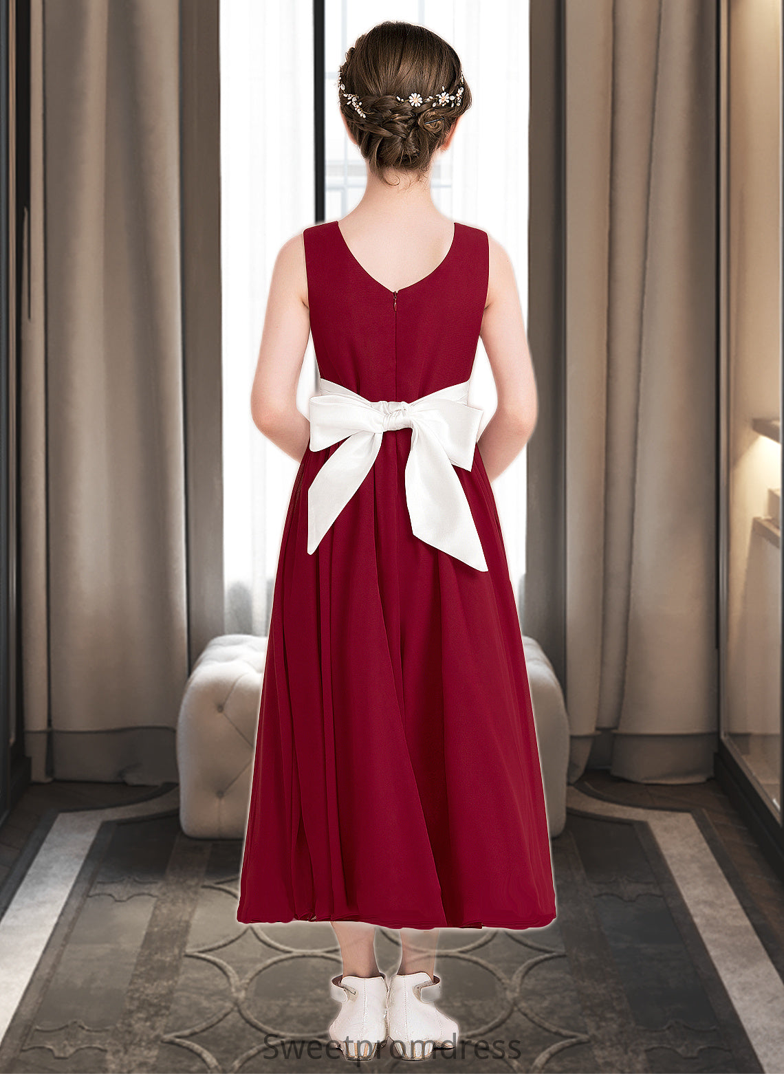 Ruby Empire A-Line Scoop Neck Ankle-Length Chiffon Junior Bridesmaid Dress With Sash Bow(s) DHP0013542