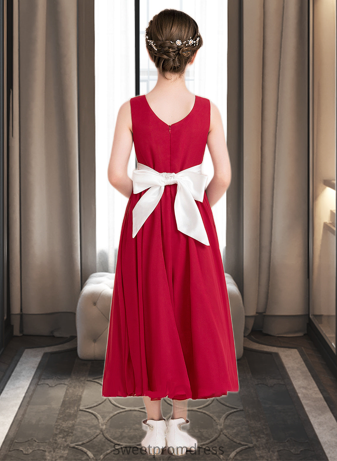 Ruby Empire A-Line Scoop Neck Ankle-Length Chiffon Junior Bridesmaid Dress With Sash Bow(s) DHP0013542