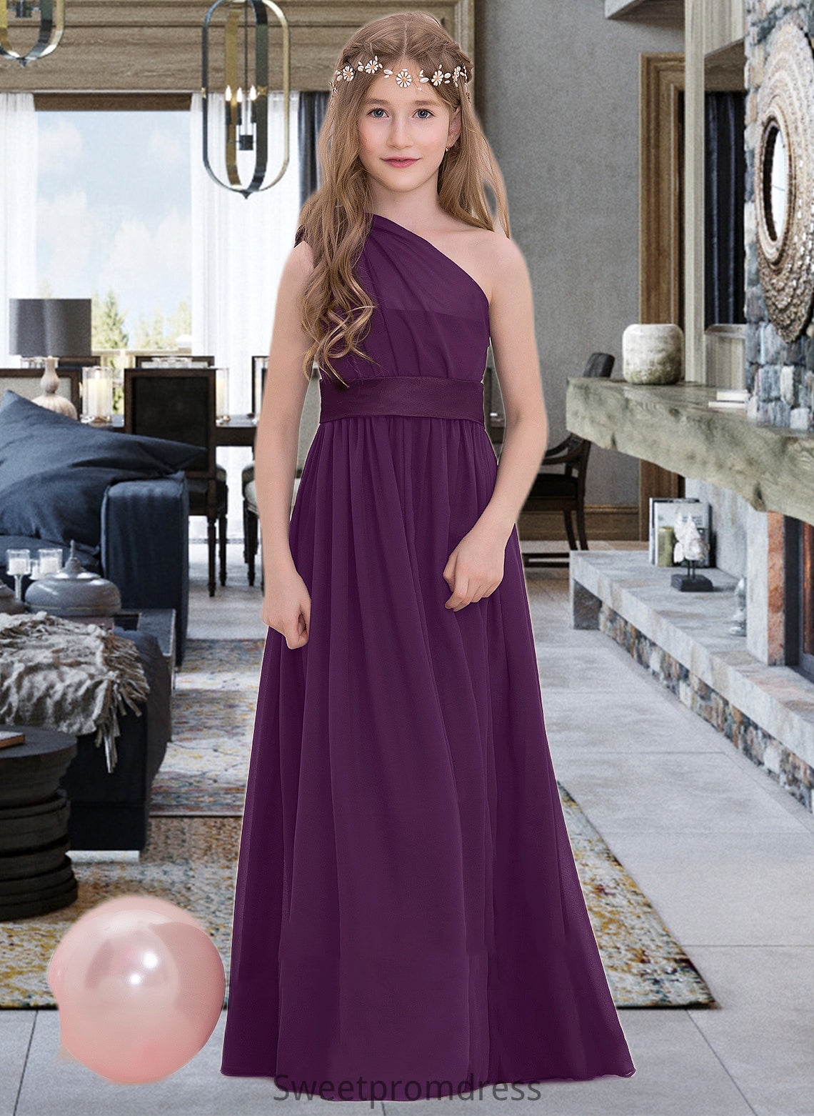 Nicole A-Line One-Shoulder Floor-Length Chiffon Junior Bridesmaid Dress With Ruffle DHP0013544