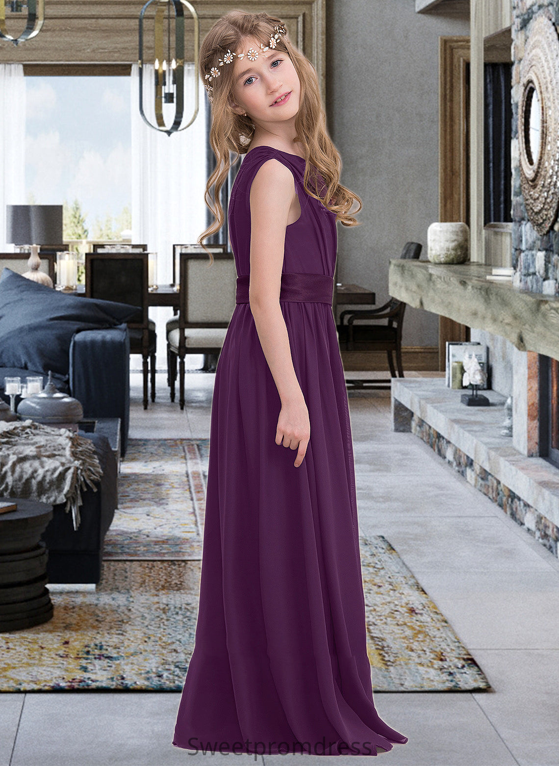 Nicole A-Line One-Shoulder Floor-Length Chiffon Junior Bridesmaid Dress With Ruffle DHP0013544