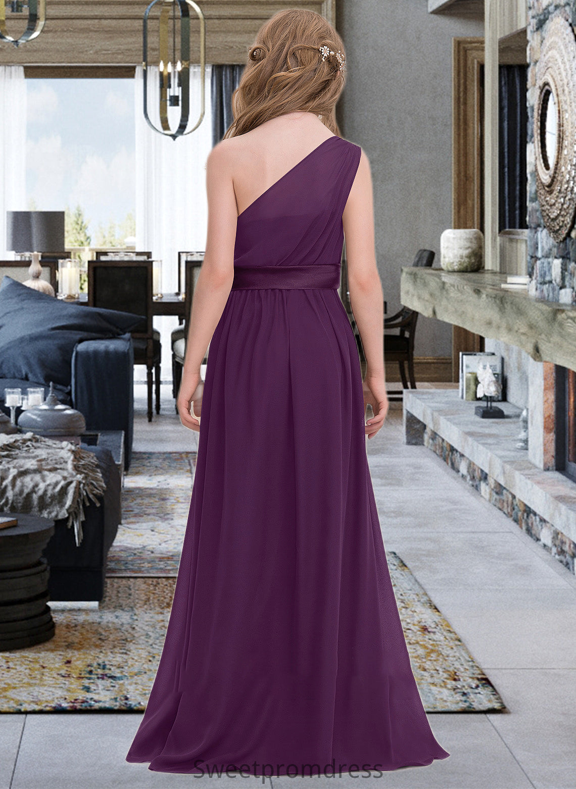 Nicole A-Line One-Shoulder Floor-Length Chiffon Junior Bridesmaid Dress With Ruffle DHP0013544