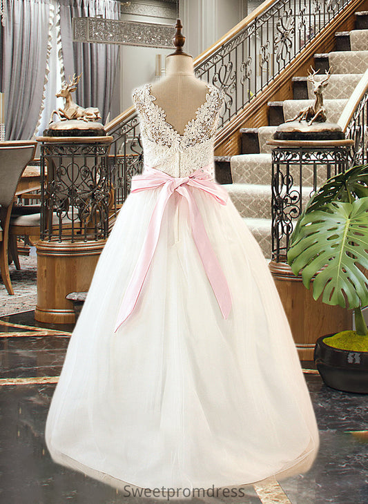 Yasmin Ball-Gown/Princess Scoop Neck Floor-Length Tulle Junior Bridesmaid Dress With Sash Beading Bow(s) DHP0013545