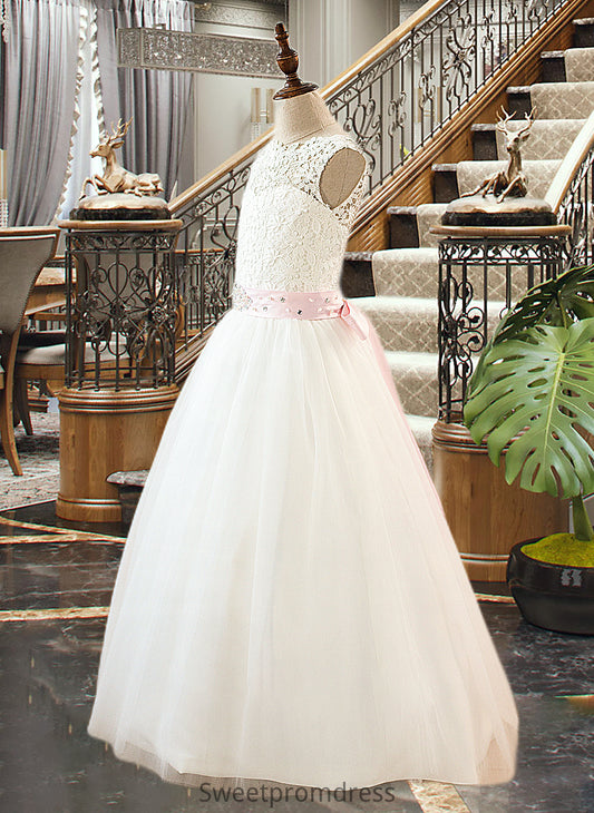 Yasmin Ball-Gown/Princess Scoop Neck Floor-Length Tulle Junior Bridesmaid Dress With Sash Beading Bow(s) DHP0013545