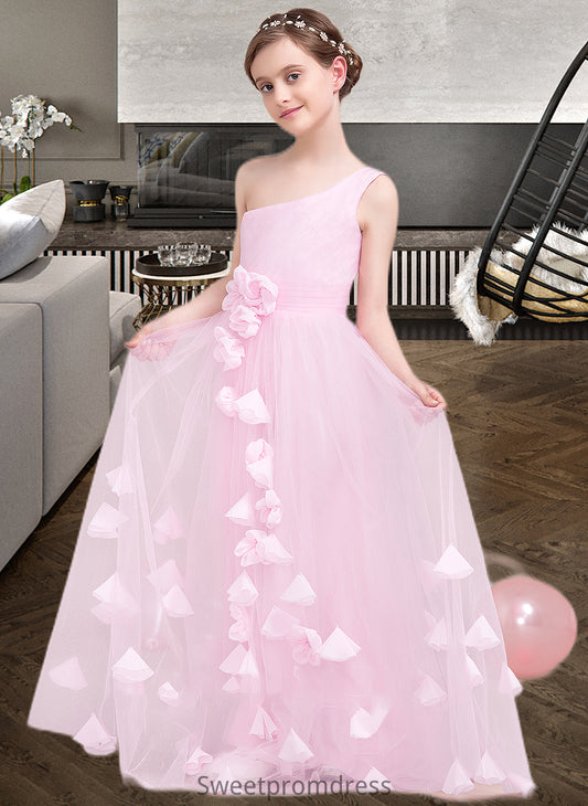 Novia A-Line One-Shoulder Floor-Length Tulle Junior Bridesmaid Dress With Ruffle Flower(s) DHP0013546