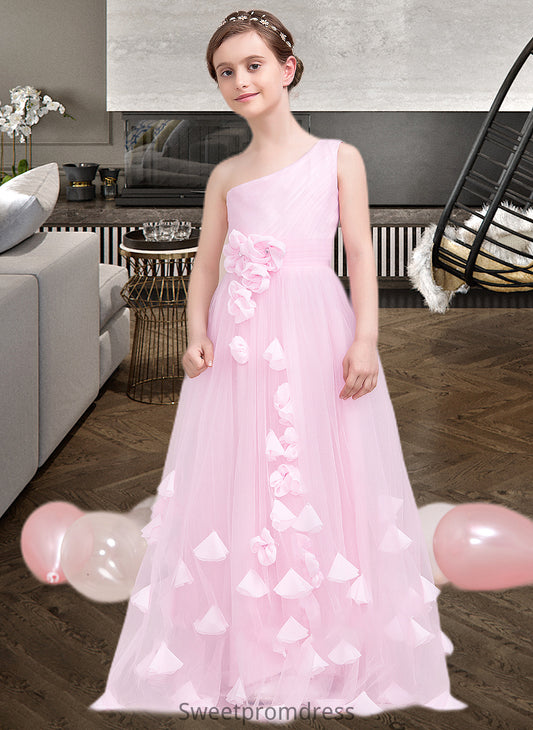 Novia A-Line One-Shoulder Floor-Length Tulle Junior Bridesmaid Dress With Ruffle Flower(s) DHP0013546