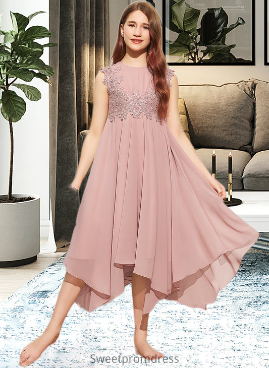 Robin A-Line Scoop Neck Tea-Length Chiffon Lace Junior Bridesmaid Dress DHP0013547