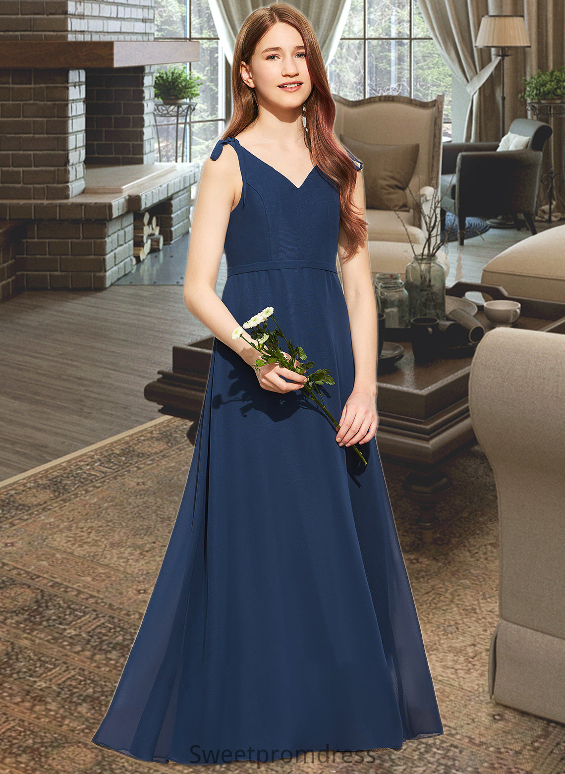 Anne A-Line V-neck Floor-Length Chiffon Junior Bridesmaid Dress With Bow(s) DHP0013548