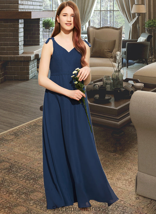 Anne A-Line V-neck Floor-Length Chiffon Junior Bridesmaid Dress With Bow(s) DHP0013548