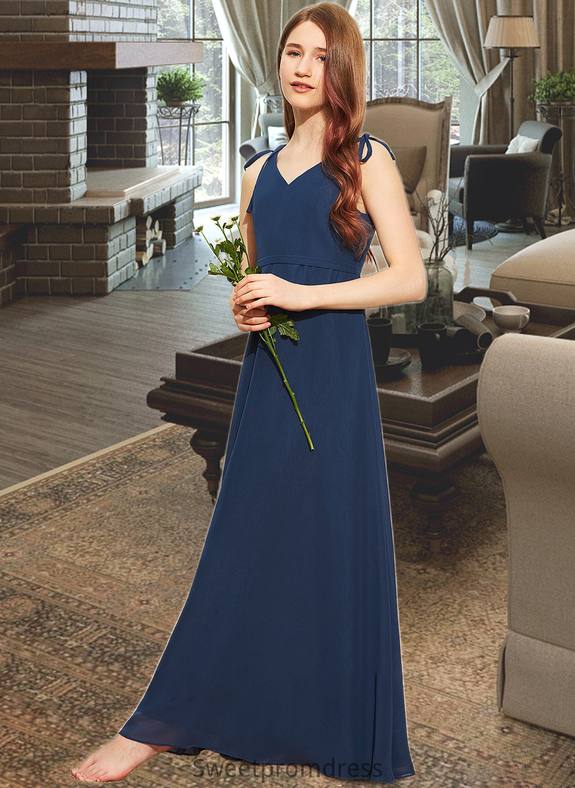 Anne A-Line V-neck Floor-Length Chiffon Junior Bridesmaid Dress With Bow(s) DHP0013548