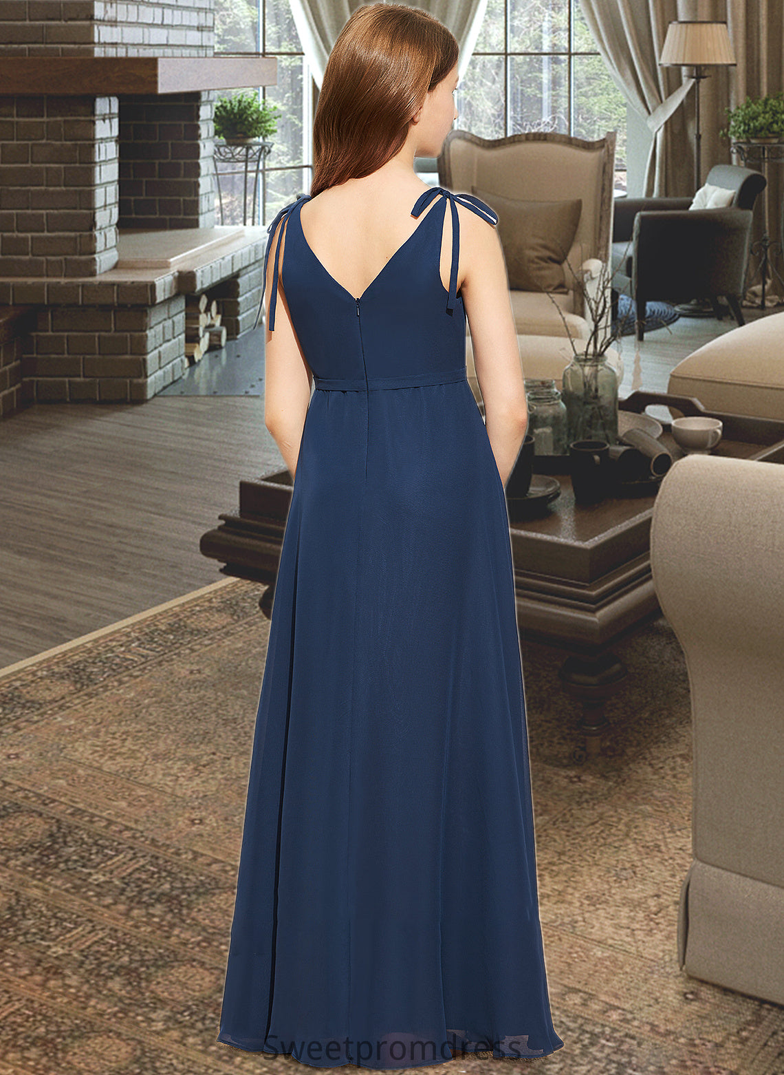 Anne A-Line V-neck Floor-Length Chiffon Junior Bridesmaid Dress With Bow(s) DHP0013548