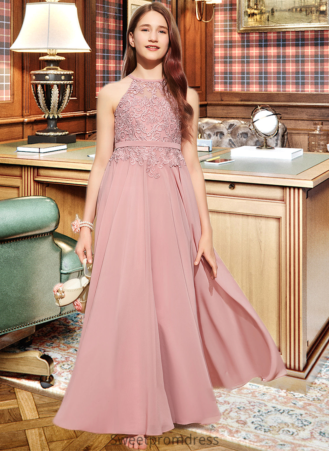 Leah A-Line Scoop Neck Floor-Length Chiffon Lace Junior Bridesmaid Dress DHP0013549