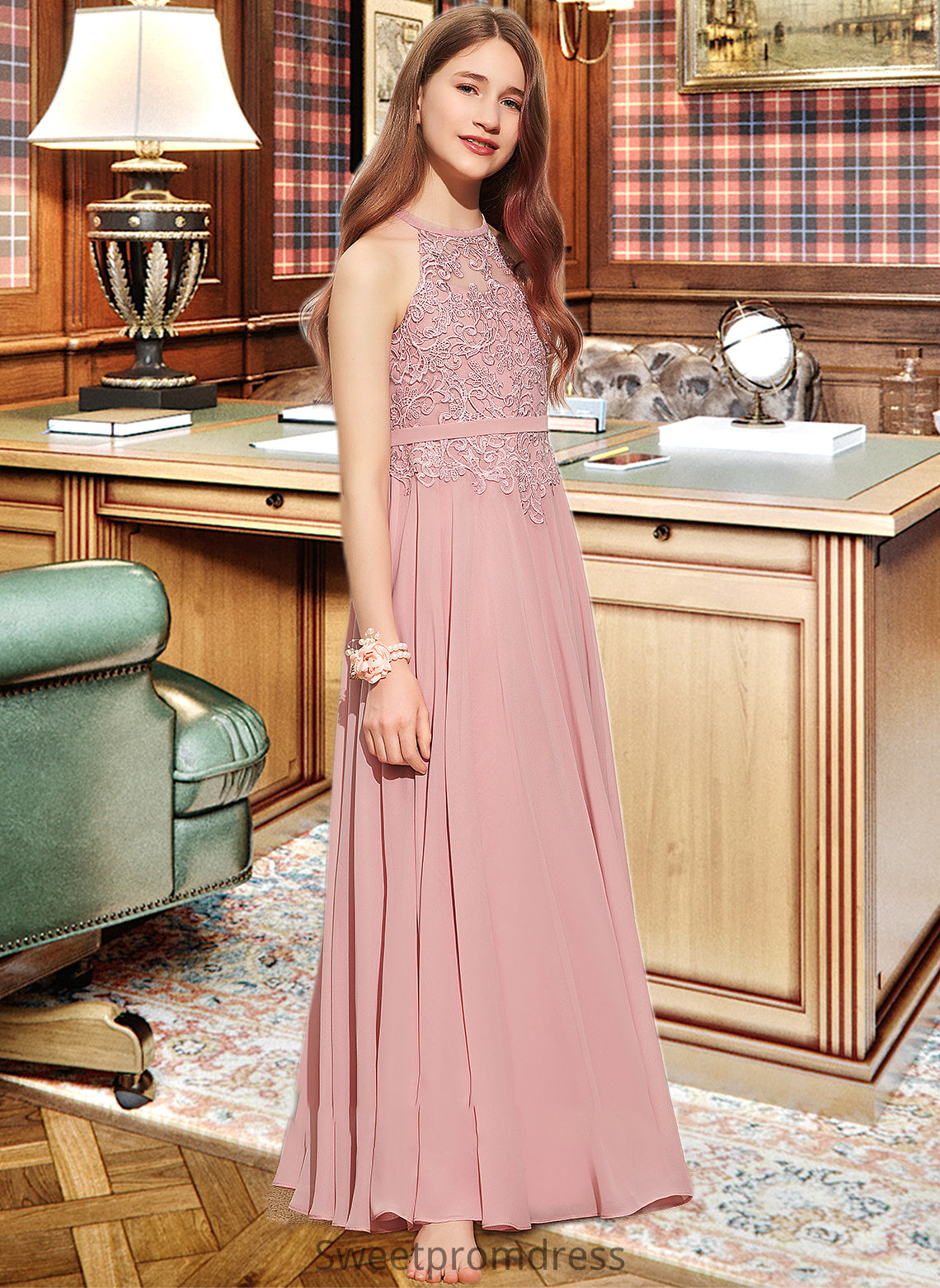 Leah A-Line Scoop Neck Floor-Length Chiffon Lace Junior Bridesmaid Dress DHP0013549