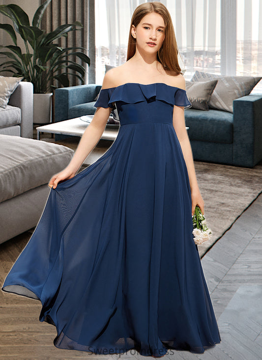 Caylee A-Line Off-the-Shoulder Floor-Length Chiffon Junior Bridesmaid Dress DHP0013551