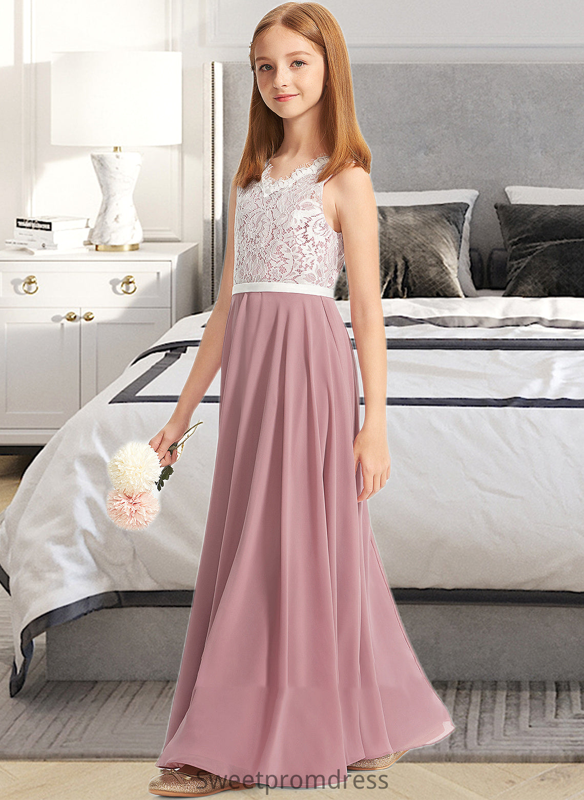 Addisyn A-Line V-neck Floor-Length Chiffon Lace Junior Bridesmaid Dress DHP0013552