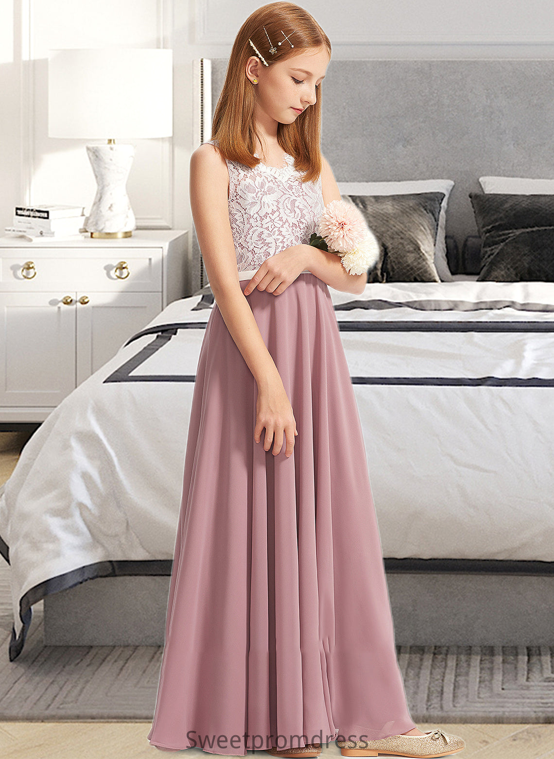 Addisyn A-Line V-neck Floor-Length Chiffon Lace Junior Bridesmaid Dress DHP0013552