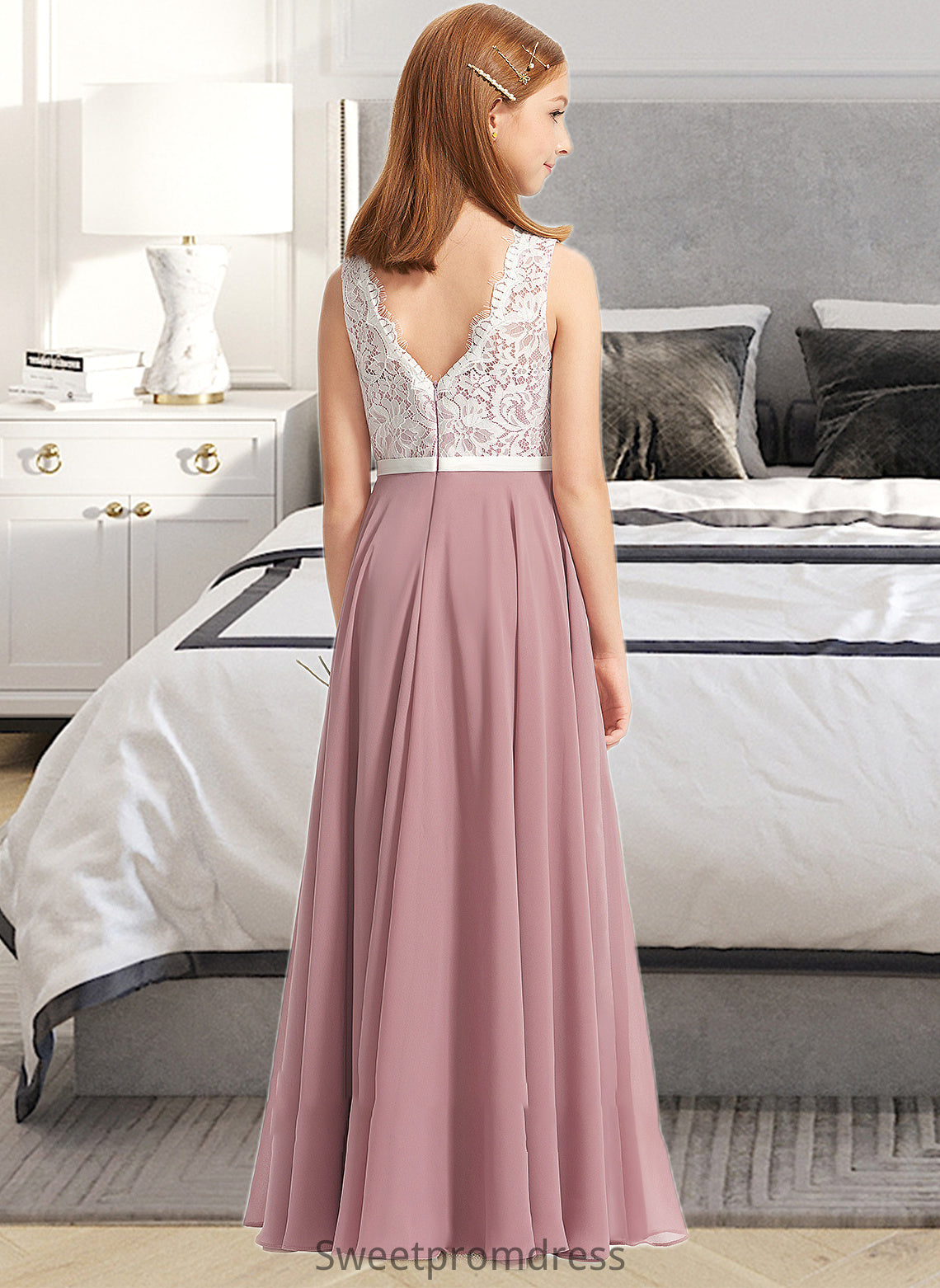 Addisyn A-Line V-neck Floor-Length Chiffon Lace Junior Bridesmaid Dress DHP0013552