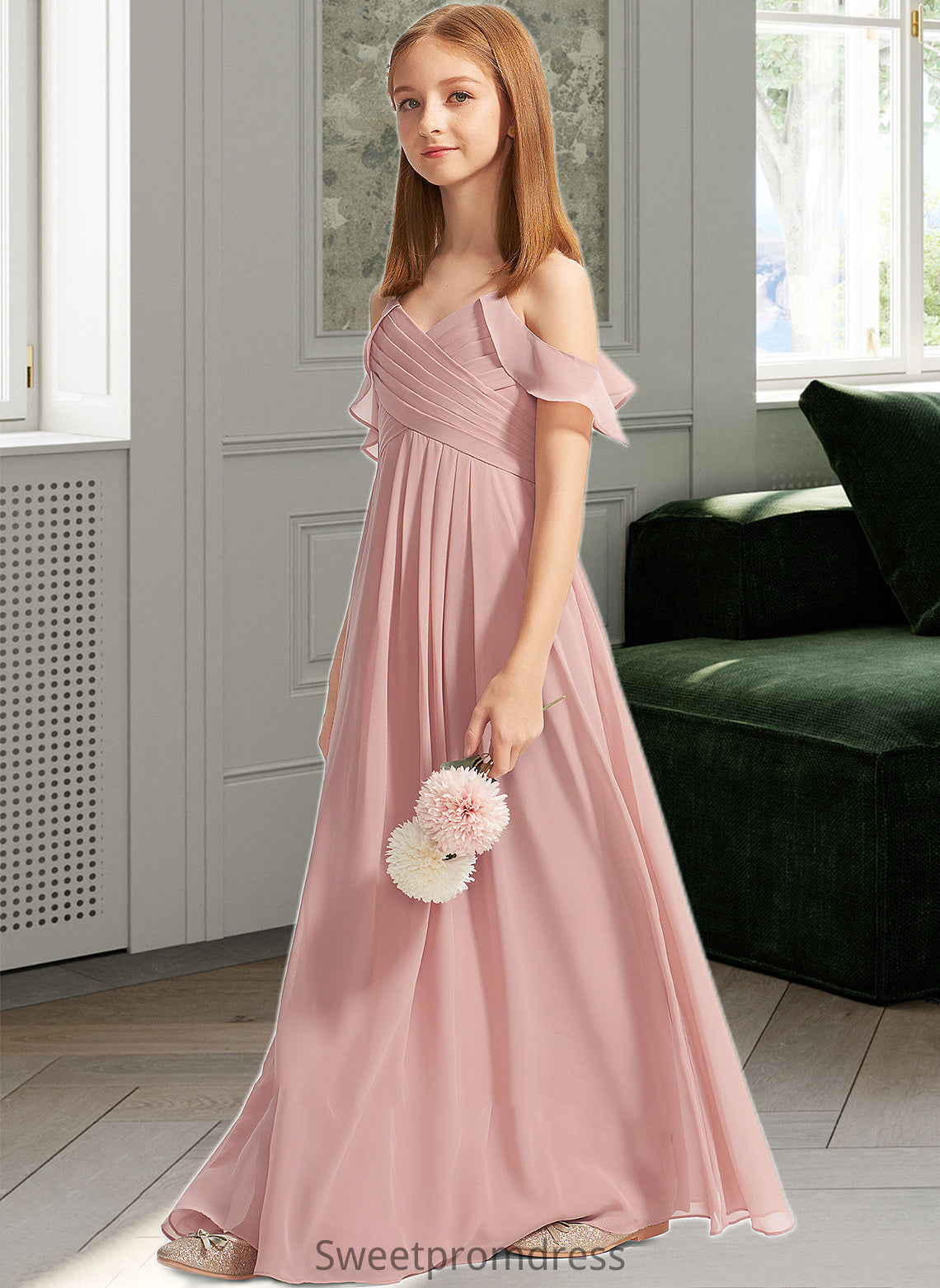 Aniya A-Line Off-the-Shoulder Floor-Length Chiffon Junior Bridesmaid Dress With Cascading Ruffles DHP0013553