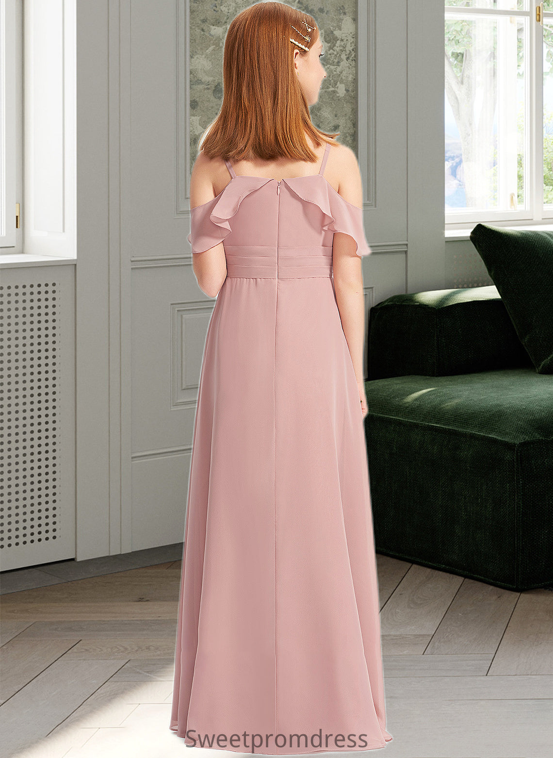 Aniya A-Line Off-the-Shoulder Floor-Length Chiffon Junior Bridesmaid Dress With Cascading Ruffles DHP0013553