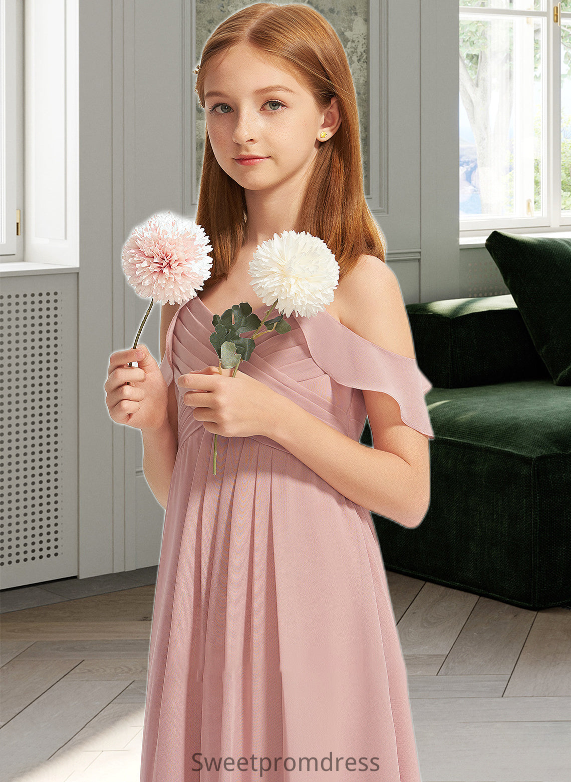 Aniya A-Line Off-the-Shoulder Floor-Length Chiffon Junior Bridesmaid Dress With Cascading Ruffles DHP0013553