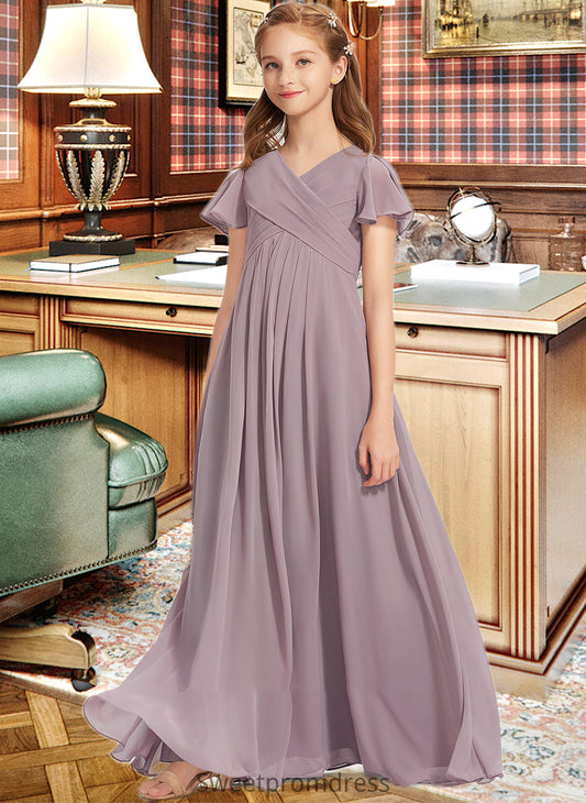 Eve A-Line V-neck Floor-Length Chiffon Junior Bridesmaid Dress With Ruffle DHP0013554