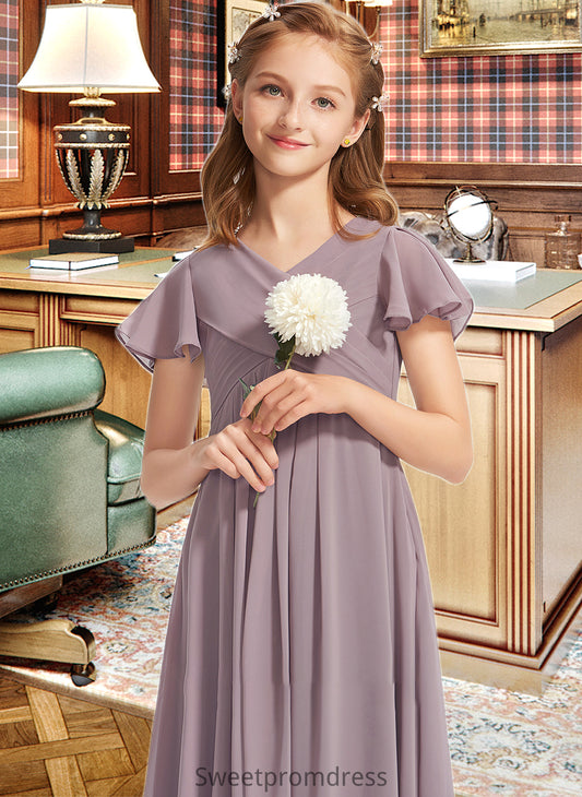 Eve A-Line V-neck Floor-Length Chiffon Junior Bridesmaid Dress With Ruffle DHP0013554