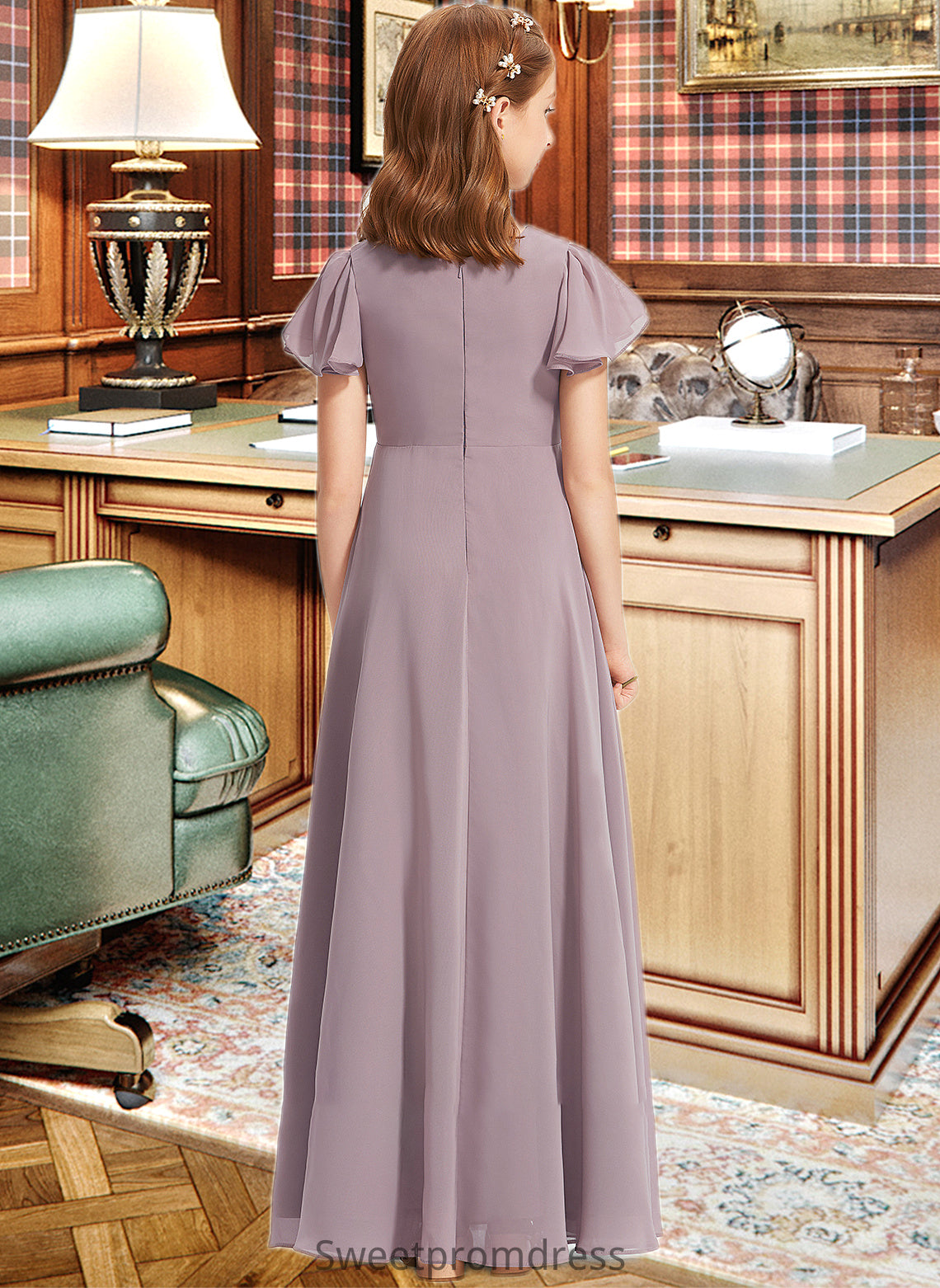 Eve A-Line V-neck Floor-Length Chiffon Junior Bridesmaid Dress With Ruffle DHP0013554