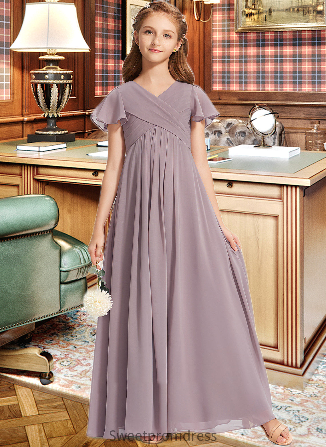 Eve A-Line V-neck Floor-Length Chiffon Junior Bridesmaid Dress With Ruffle DHP0013554