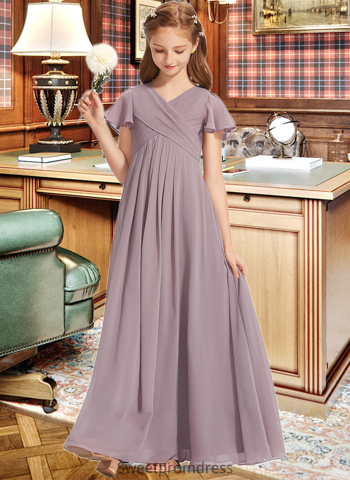 Eve A-Line V-neck Floor-Length Chiffon Junior Bridesmaid Dress With Ruffle DHP0013554