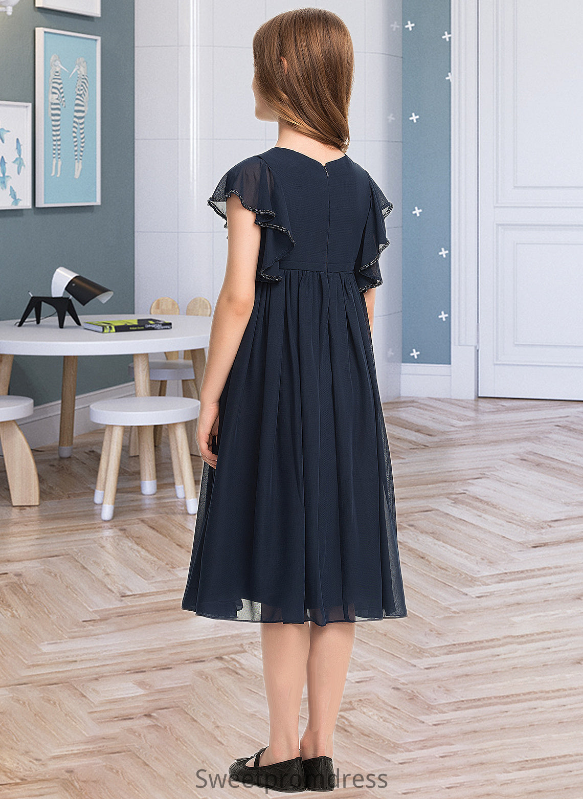 Nicola A-Line Scoop Neck Knee-Length Chiffon Junior Bridesmaid Dress With Beading DHP0013556