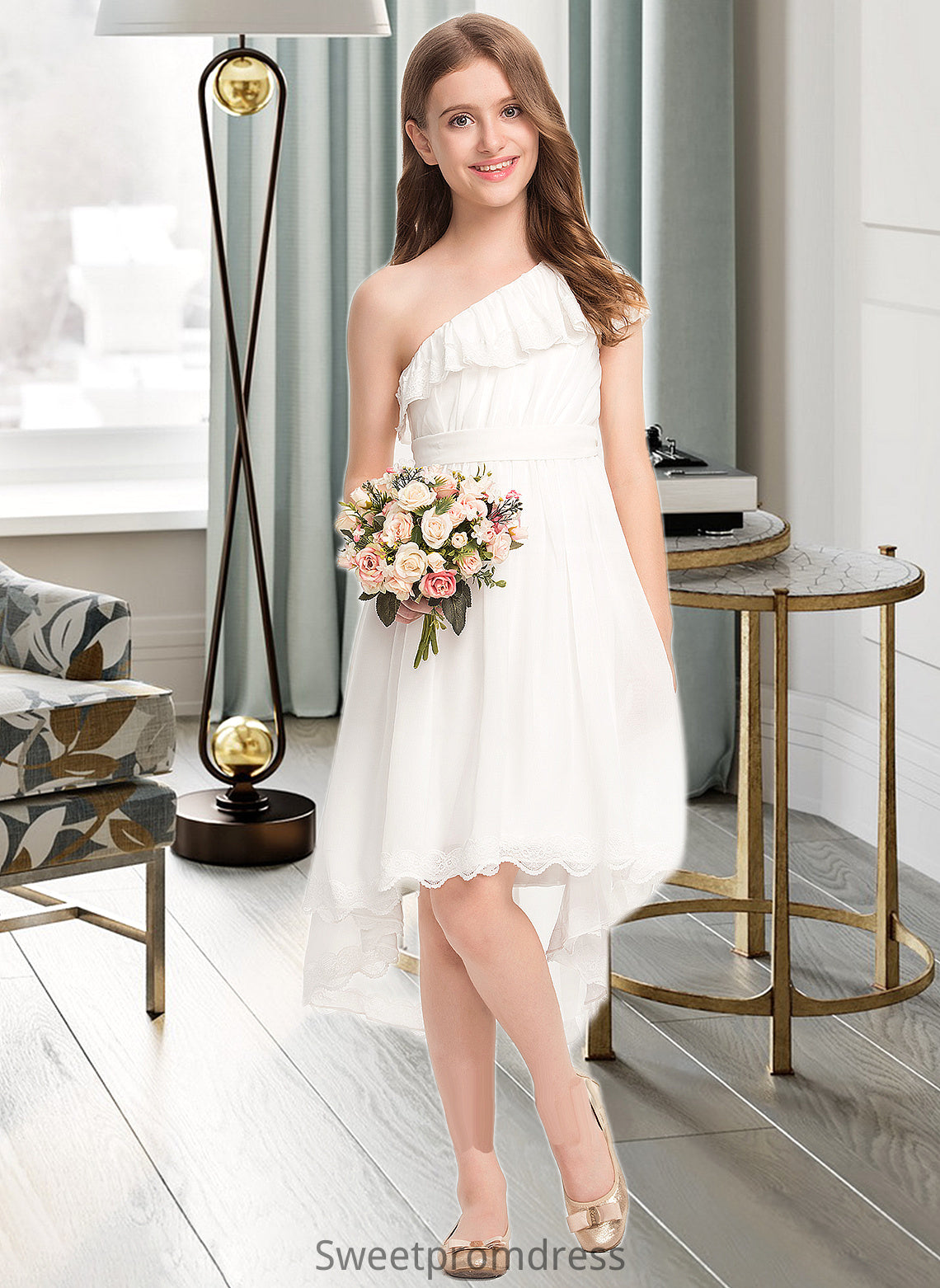 Carleigh A-Line One-Shoulder Asymmetrical Chiffon Lace Junior Bridesmaid Dress With Bow(s) DHP0013557