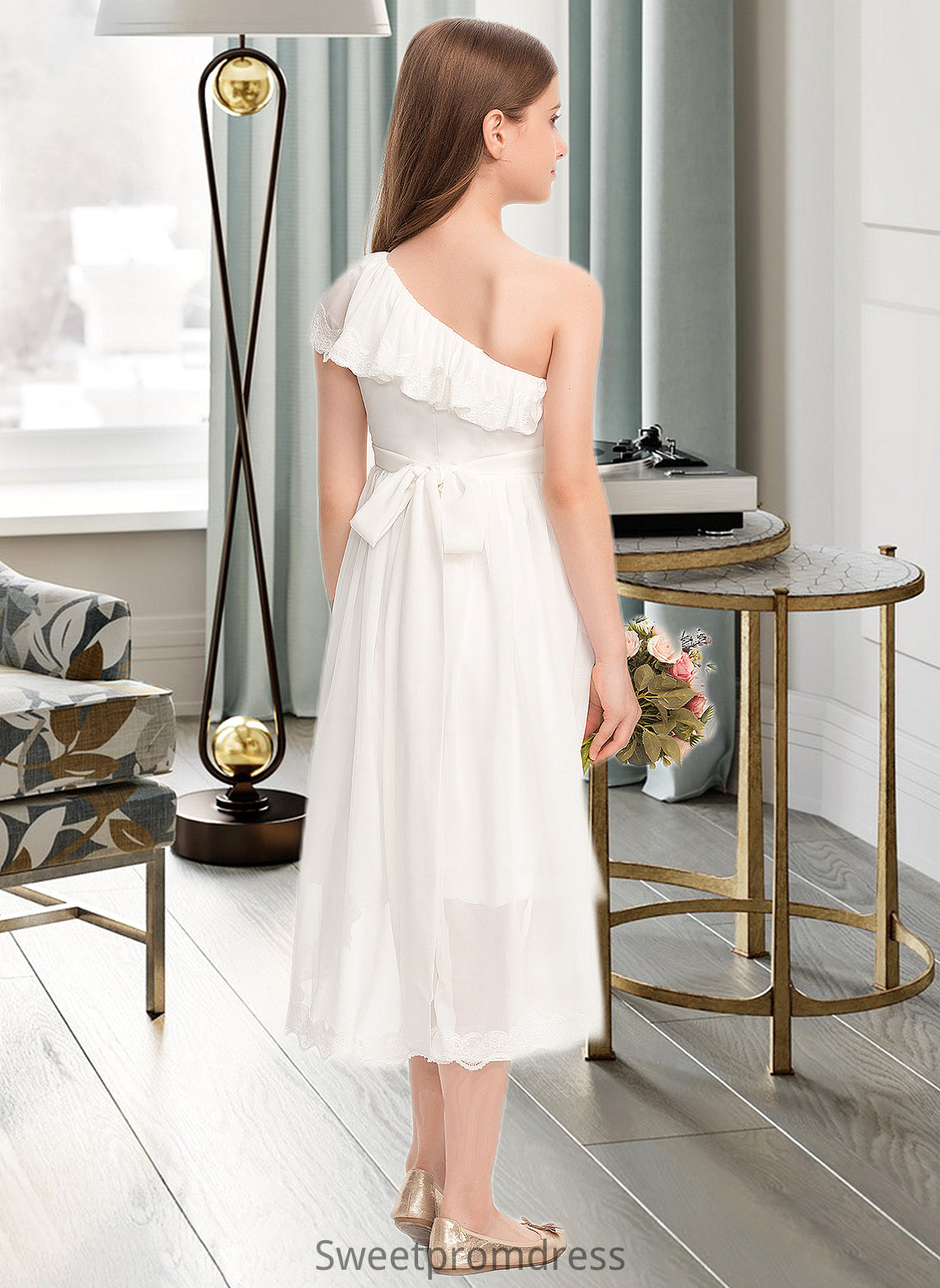 Carleigh A-Line One-Shoulder Asymmetrical Chiffon Lace Junior Bridesmaid Dress With Bow(s) DHP0013557