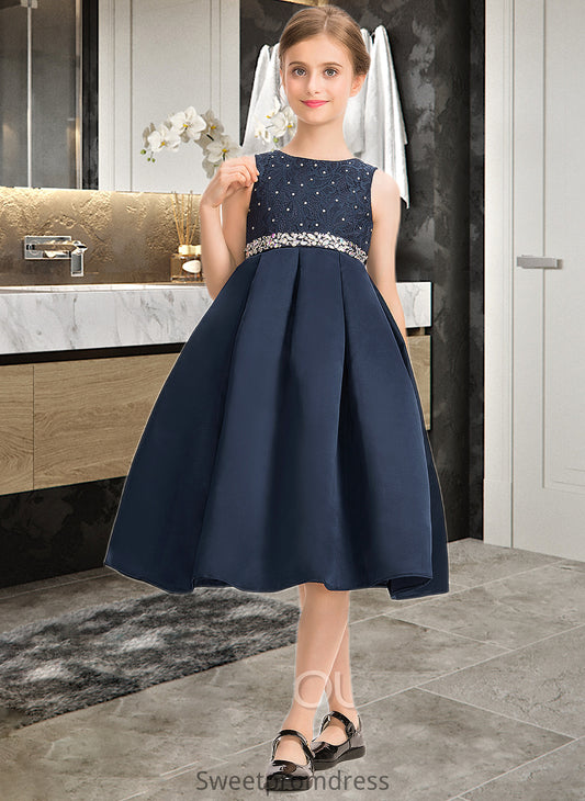 Madyson A-Line Scoop Neck Knee-Length Satin Lace Junior Bridesmaid Dress With Beading Bow(s) DHP0013559