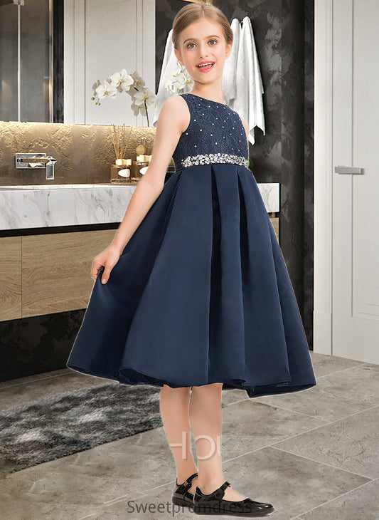 Madyson A-Line Scoop Neck Knee-Length Satin Lace Junior Bridesmaid Dress With Beading Bow(s) DHP0013559