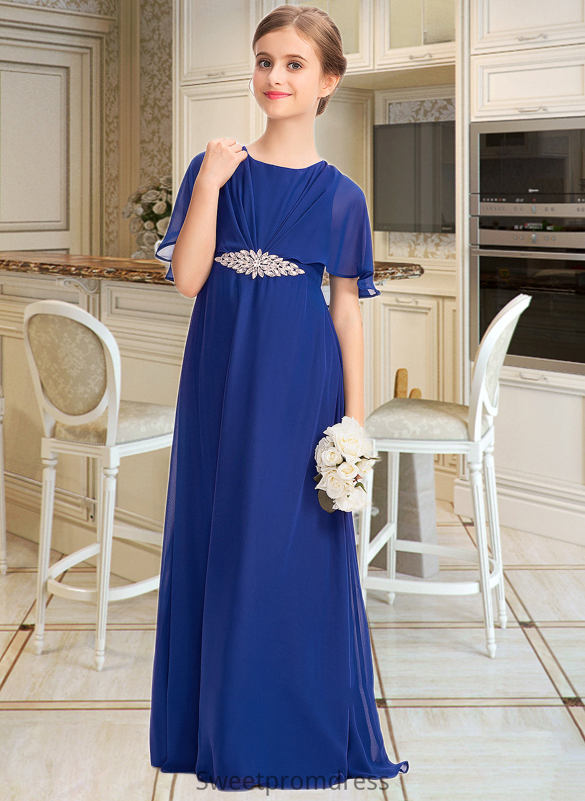 Amira A-Line Scoop Neck Floor-Length Chiffon Junior Bridesmaid Dress With Ruffle Beading DHP0013560