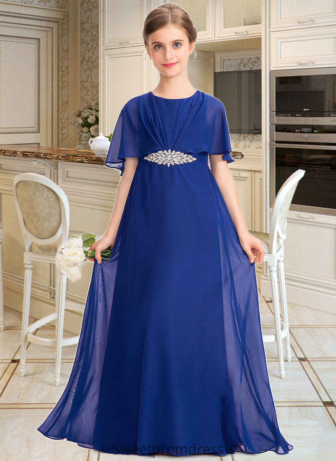 Amira A-Line Scoop Neck Floor-Length Chiffon Junior Bridesmaid Dress With Ruffle Beading DHP0013560