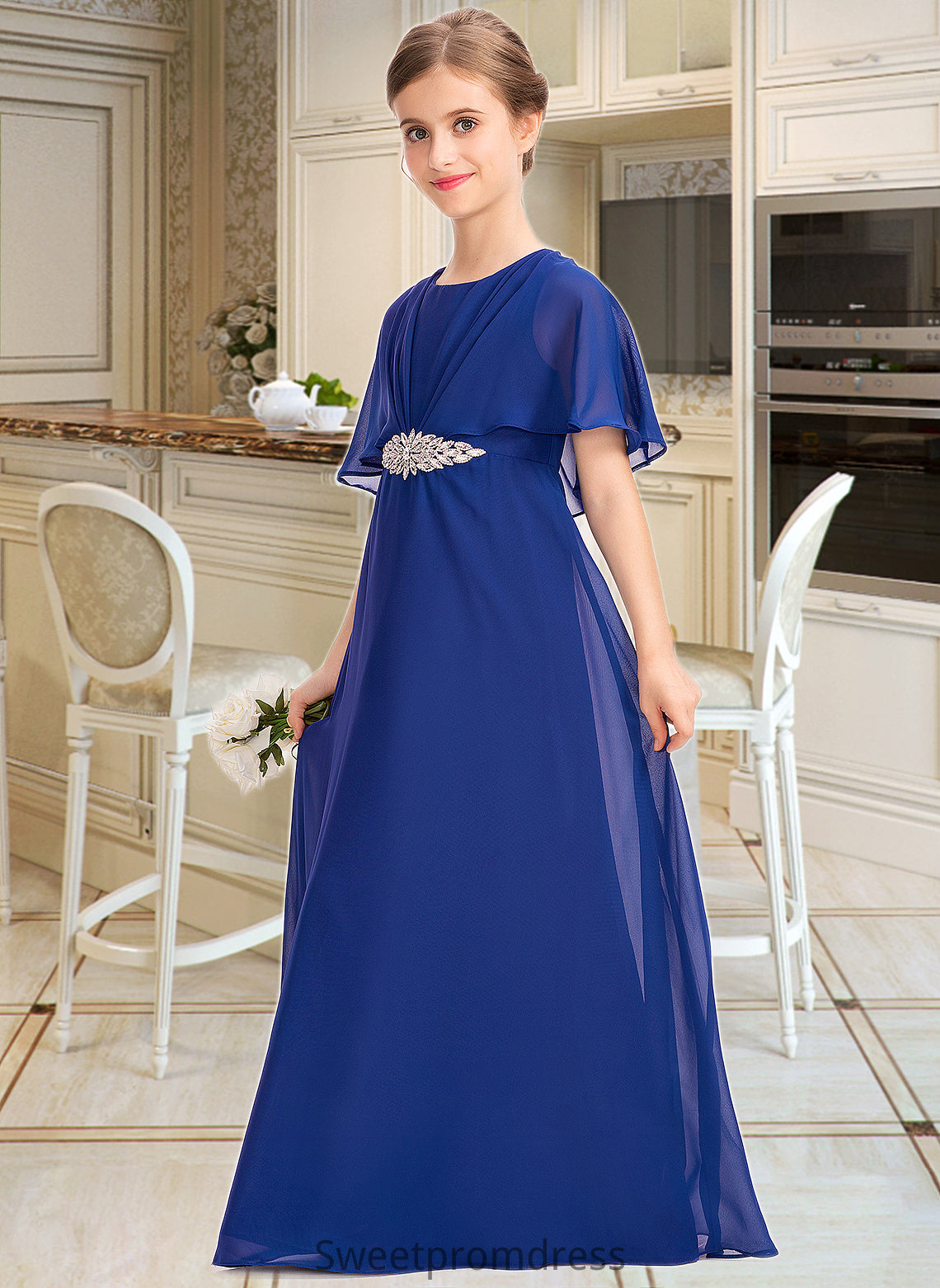 Amira A-Line Scoop Neck Floor-Length Chiffon Junior Bridesmaid Dress With Ruffle Beading DHP0013560