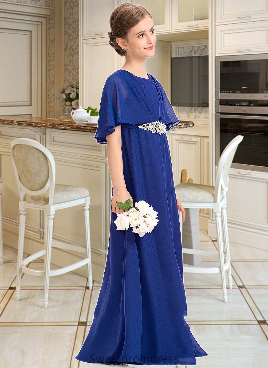 Amira A-Line Scoop Neck Floor-Length Chiffon Junior Bridesmaid Dress With Ruffle Beading DHP0013560