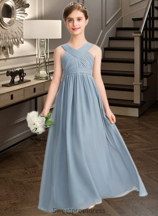 Caitlin A-Line V-neck Floor-Length Chiffon Junior Bridesmaid Dress With Ruffle DHP0013561