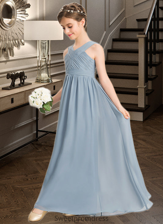 Caitlin A-Line V-neck Floor-Length Chiffon Junior Bridesmaid Dress With Ruffle DHP0013561