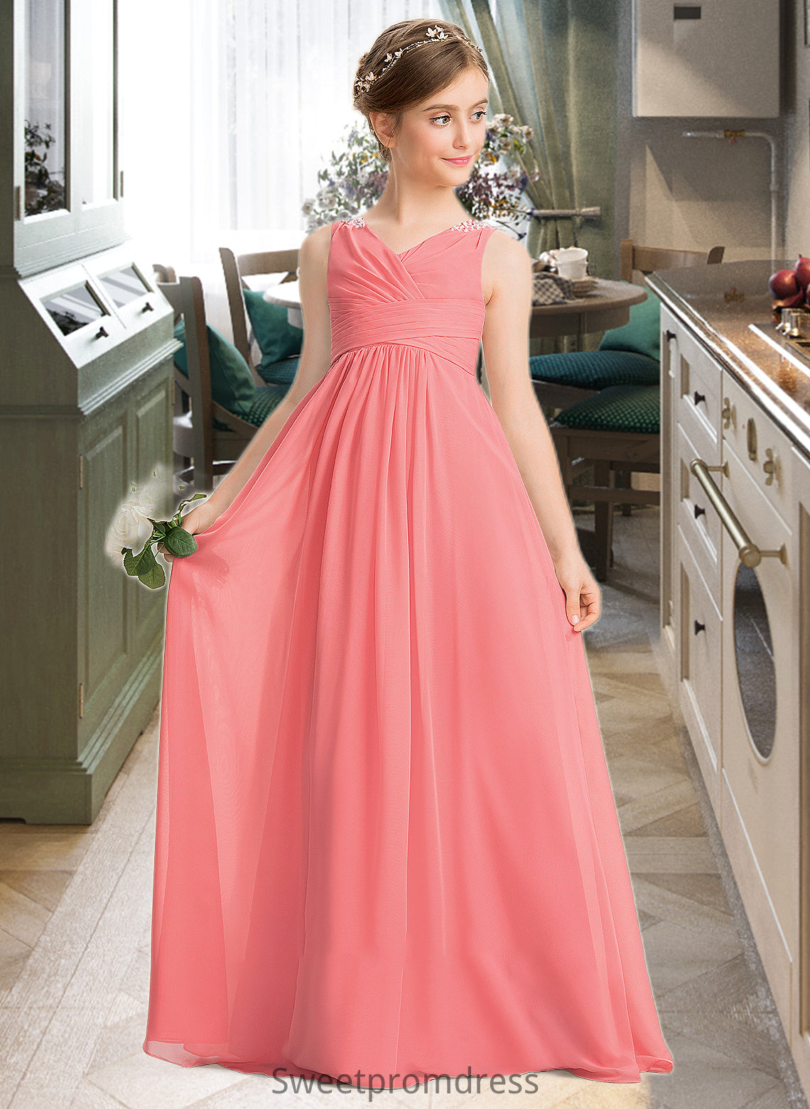 Renata EmpireV-neckFloor-LengthChiffonJuniorBridesmaidDressWithRuffleBeadingSequins#173291 DHP0013562