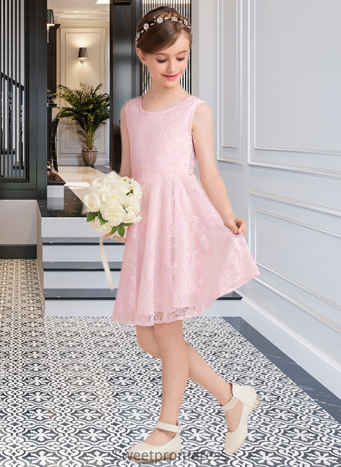 Esmeralda A-Line Scoop Neck Knee-Length Lace Junior Bridesmaid Dress With Sash Bow(s) DHP0013563