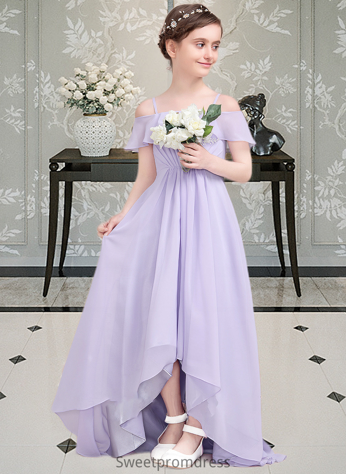 Maren A-Line Off-the-Shoulder Asymmetrical Chiffon Junior Bridesmaid Dress With Cascading Ruffles DHP0013566