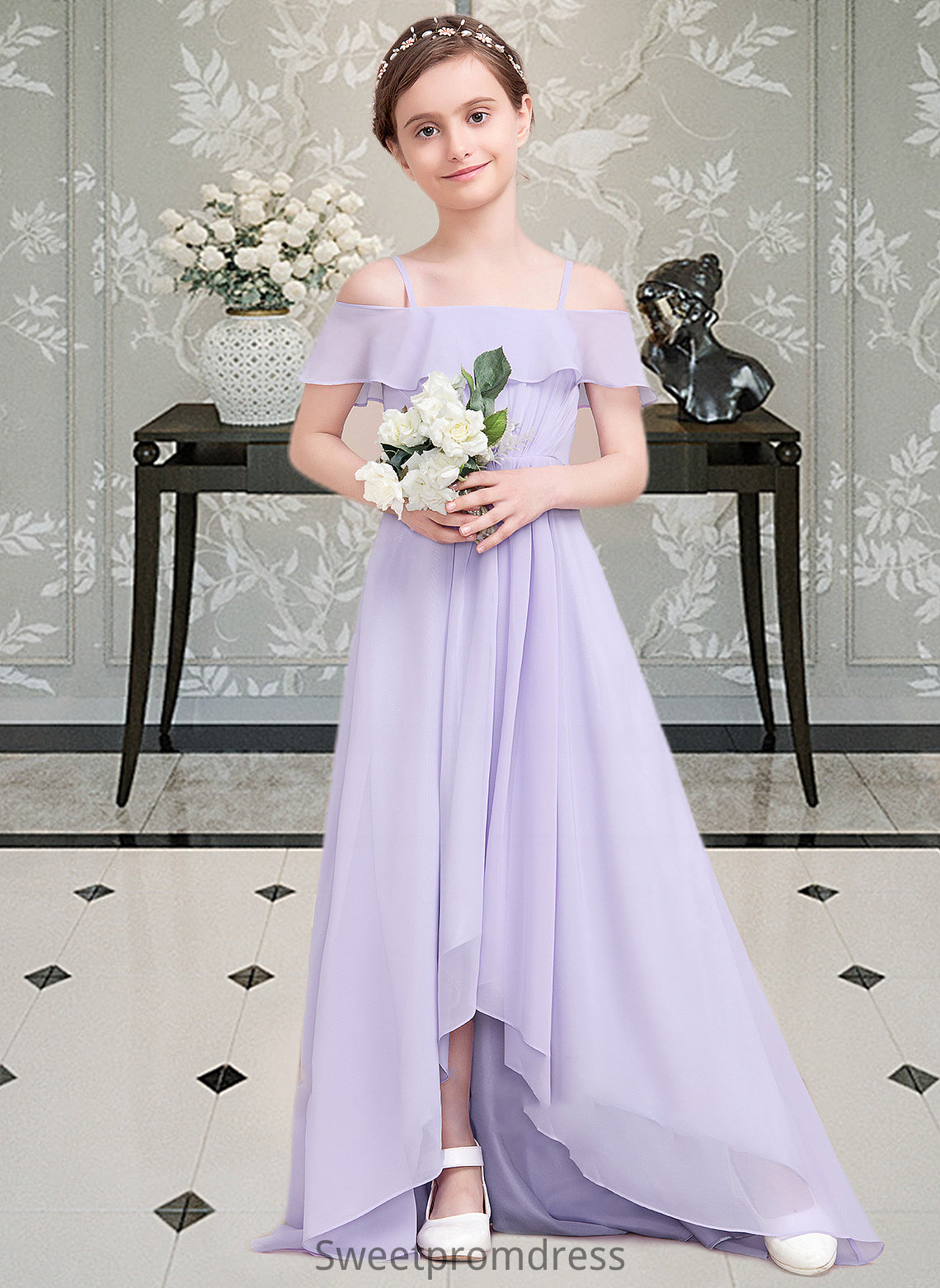 Maren A-Line Off-the-Shoulder Asymmetrical Chiffon Junior Bridesmaid Dress With Cascading Ruffles DHP0013566