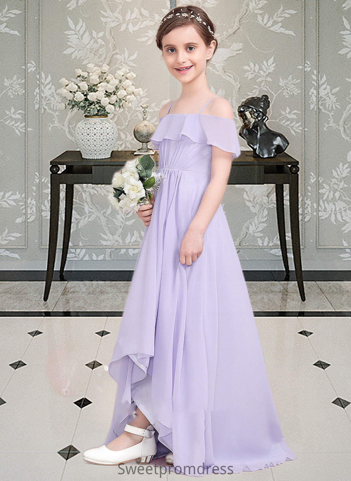 Maren A-Line Off-the-Shoulder Asymmetrical Chiffon Junior Bridesmaid Dress With Cascading Ruffles DHP0013566