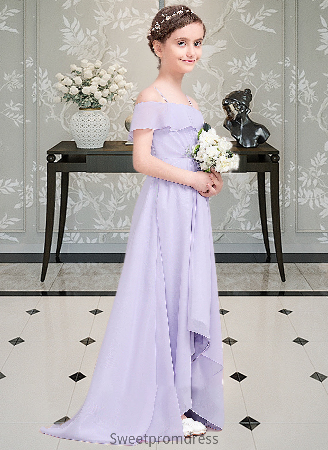 Maren A-Line Off-the-Shoulder Asymmetrical Chiffon Junior Bridesmaid Dress With Cascading Ruffles DHP0013566